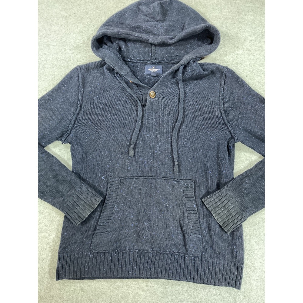 American Eagle Mens Navy Blue Marl Knit Hooded Button Henley Sweater Medium 2846